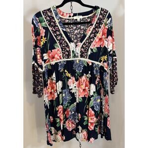 Umgee Size Medium Navy Mixed Floral Boho Cottagecore Baby Doll Dress